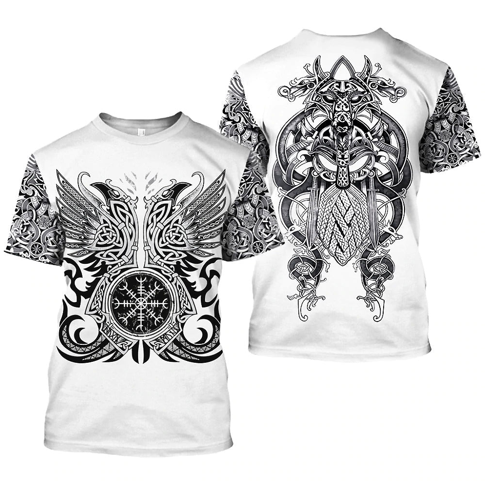 Viking pattern print graphic tee showcasing Norse compass and Celtic designs on a white short sleeve shirt.