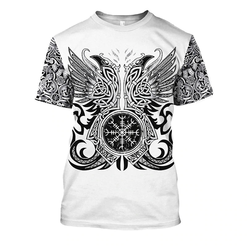 Viking pattern print graphic tee featuring Norse compass and Celtic designs on a white short sleeve shirt.