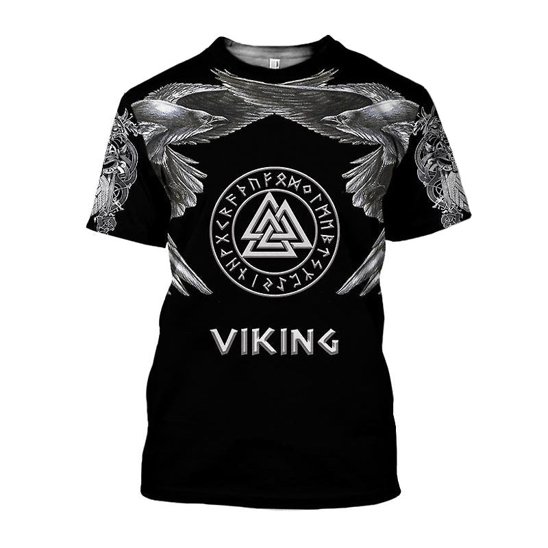 Viking pattern print graphic tee featuring white eagles and Valknut symbol on a black short sleeve shirt.