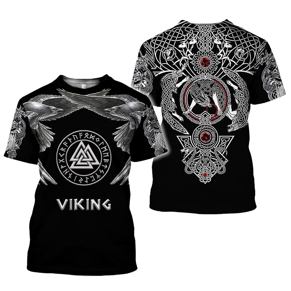 Viking graphic t-shirt featuring white eagles, Celtic rune, and Valknut symbol on a black background.