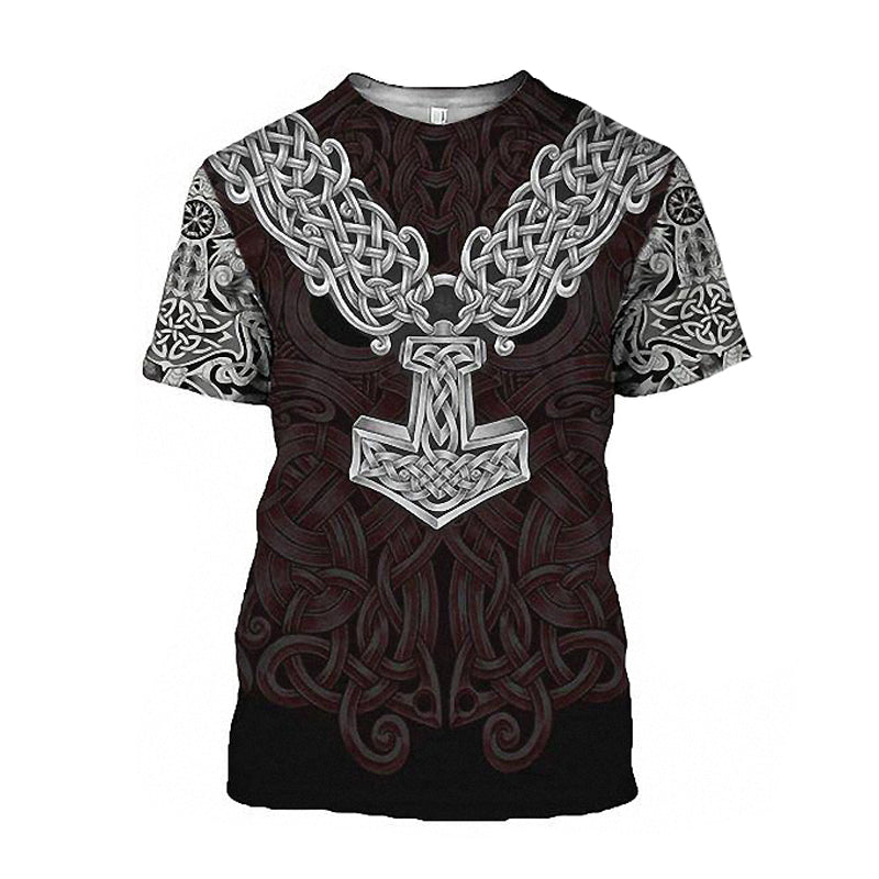 Viking graphic tee featuring Thor's Hammer with intricate Celtic designs, perfect for rock culture fans.