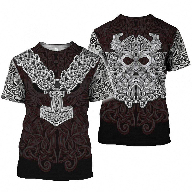 Viking pattern graphic tee featuring Thor's Hammer and intricate Celtic designs in black and silver.