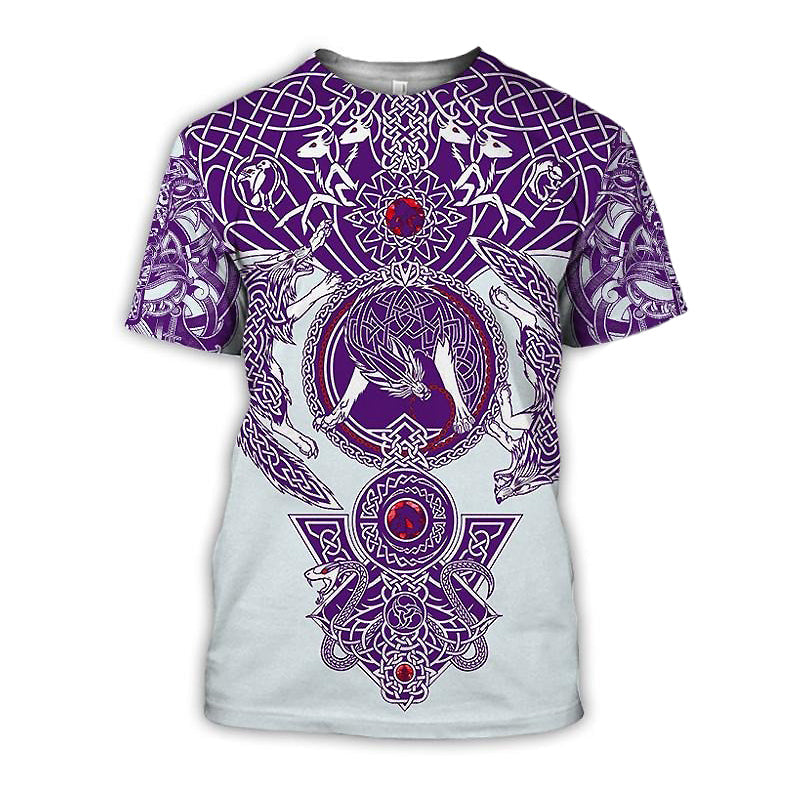 Viking pattern graphic tee in purple and lilac with wolves design, perfect for a unique rock outfit.