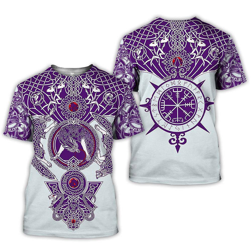 Purple and lilac Viking graphic tee featuring intricate Celtic designs and wolf motifs, perfect for a stylish rock outfit.