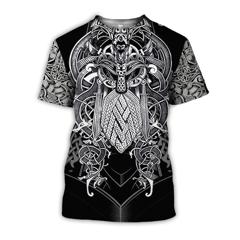 Viking pattern print graphic tee featuring Celtic design and swords in gothic black, perfect for fans of edgy style.