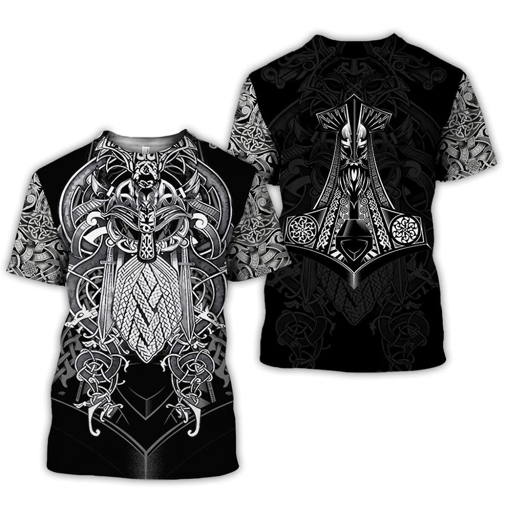 Gothic black Viking graphic tee with Celtic prints and swords, short sleeve O-neck design for edgy style fans.