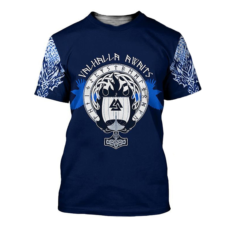 Navy blue 'Valhalla Awaits' Viking graphic tee with dragon designs and rune circle detail.