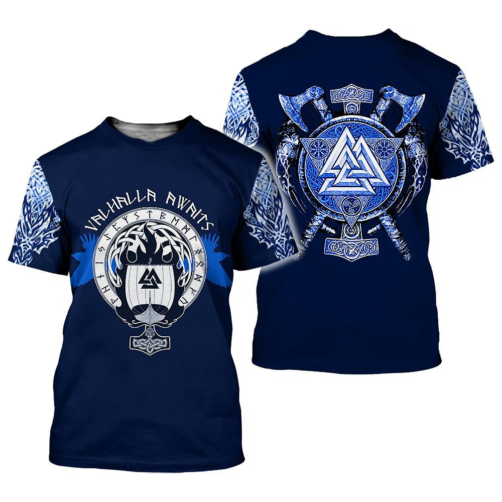 Viking pattern graphic tee featuring 'Valhalla Awaits' with dragon sleeves and rune designs in dark blue.