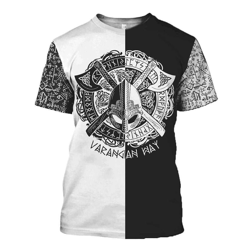 Viking Pattern Varangian Way T-shirt with rune circle design, black and white split, perfect for rock fans and Viking culture enthusiasts.