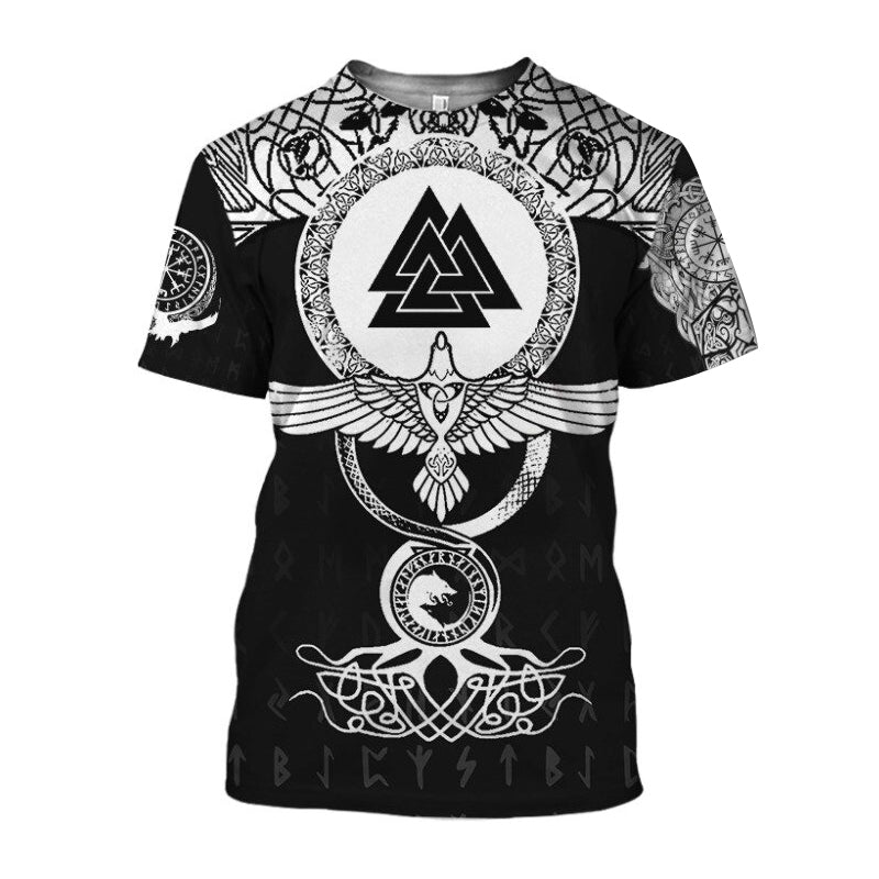 Black and white Viking graphic tee with eagle print and Valcnut design, perfect for warm spring and summer afternoons.