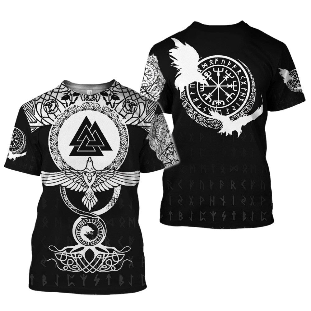 Stylish black and white Viking graphic tee featuring eagle, Valcnut, and runes, perfect for warm weather. Short sleeve design.