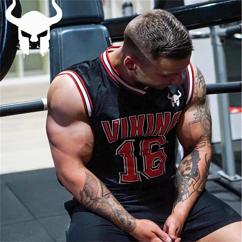Men's Viking rock-style gym tank top, perfect for bodybuilding, featuring breathable fabric and bold Viking logo.