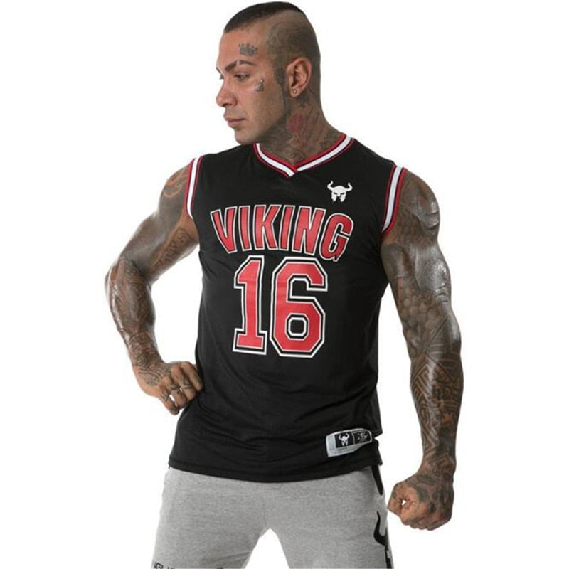 Man showcasing a black Viking gym tank top with large logo and sporty style, perfect for bodybuilding and fitness.