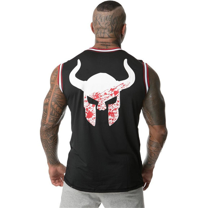 Men's Viking Gym Tank Top featuring a bold horned helmet design on back, ideal for fitness and bodybuilding workouts.