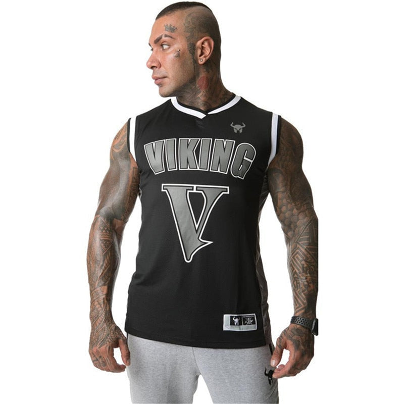 Muscular man in a black Viking gym tank top, showcasing a stylish bodybuilding look with a large logo.