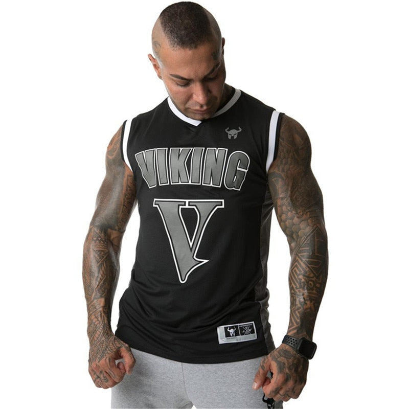 Men's black Viking gym tank top with logo, ideal for bodybuilding and workouts, designed for breathability and comfort.