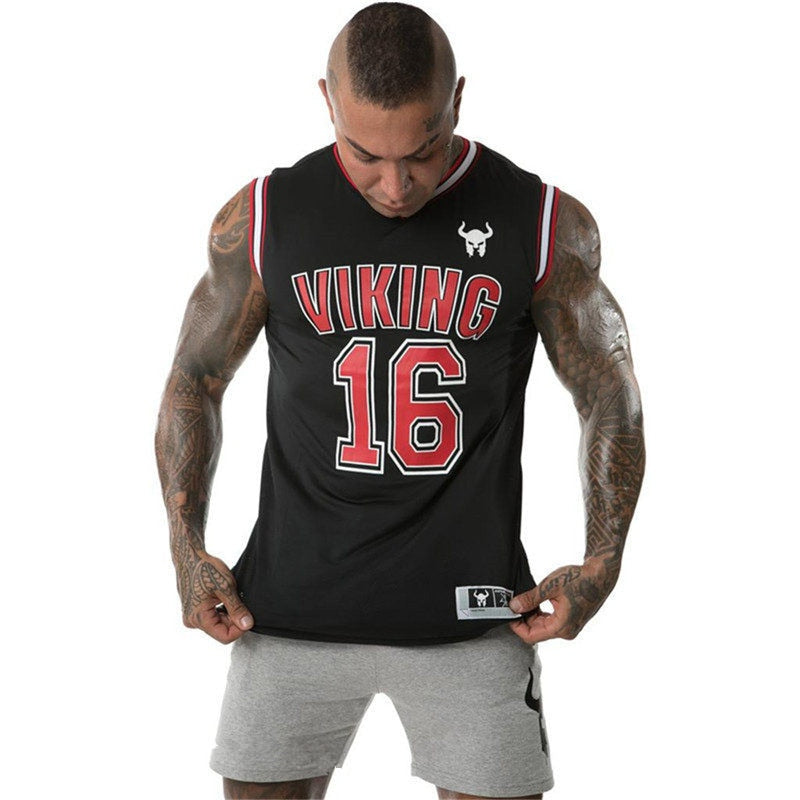 Men's Viking gym tank top in black with bold red lettering, perfect for fitness and bodybuilding workouts.