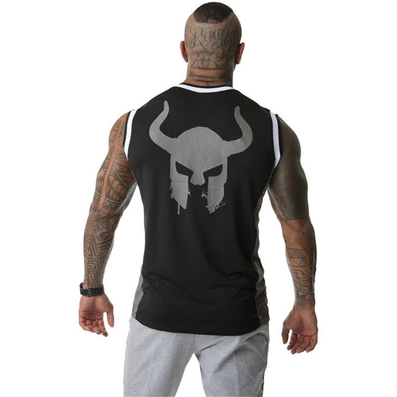 Back view of a muscular man in a black Viking gym tank top featuring a horned helmet logo, perfect for bodybuilding and fitness.