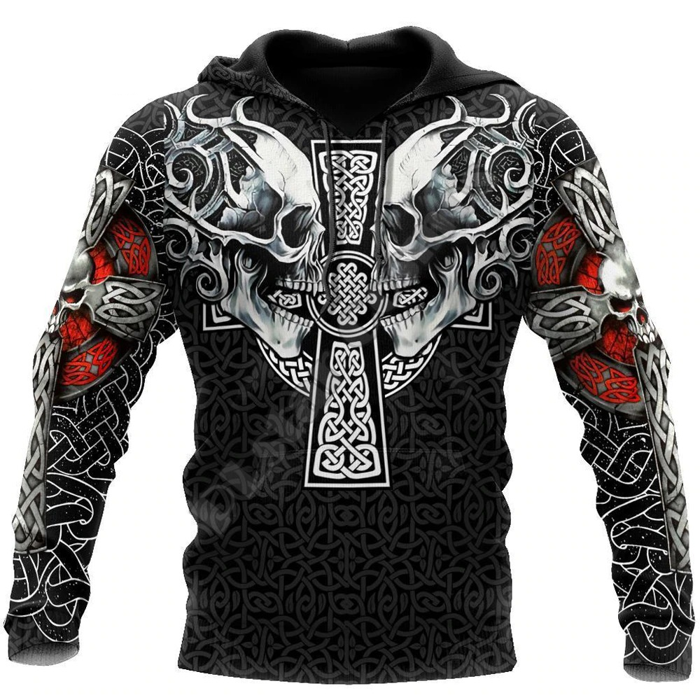 Men's Viking skull tattoo fashion hoodie with intricate designs and eye-catching red accents.