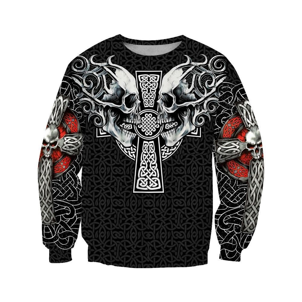 Viking skull tattoo sweatshirt featuring bold 3D prints and intricate designs for a stylish, casual look.