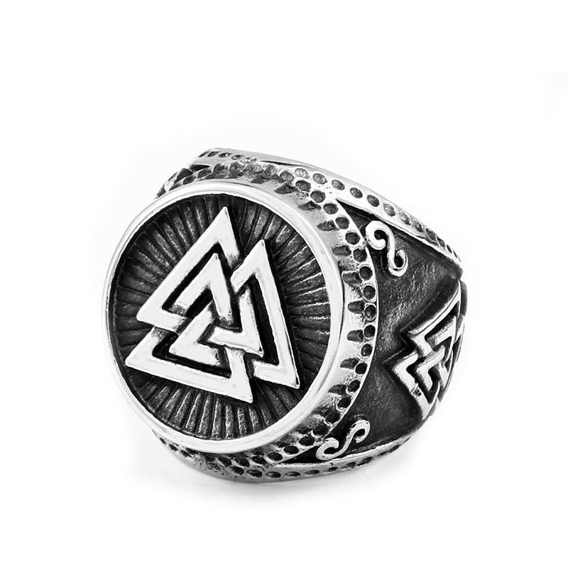 Viking stainless steel ring featuring Valknut design, perfect Norse jewelry for any style.