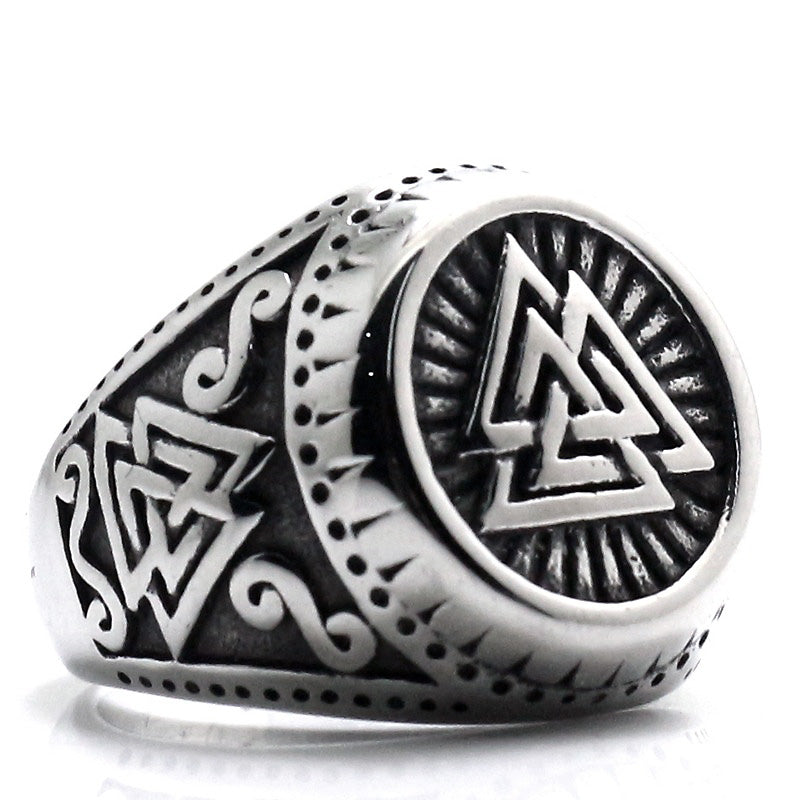 Viking stainless steel ring featuring Valknut Norse symbols and intricate designs, perfect for any jewelry collection.