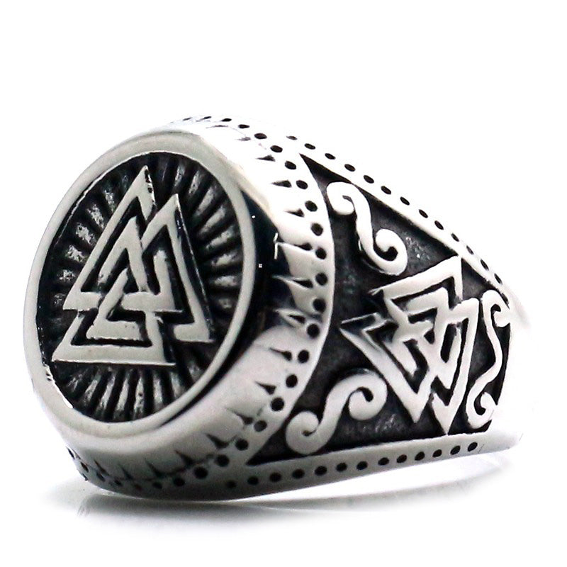 Viking stainless steel ring featuring Valknut Norse runes design, perfect for stylish unisex jewelry.