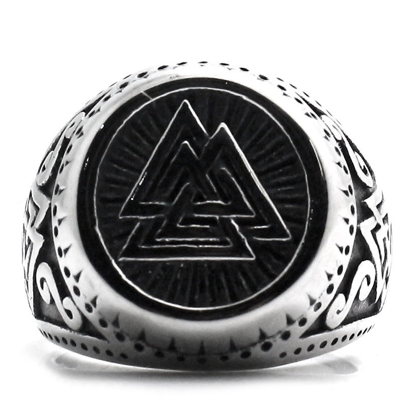 Viking stainless steel ring featuring Valknut symbol and intricate Norse style engravings, perfect for bold fashion.