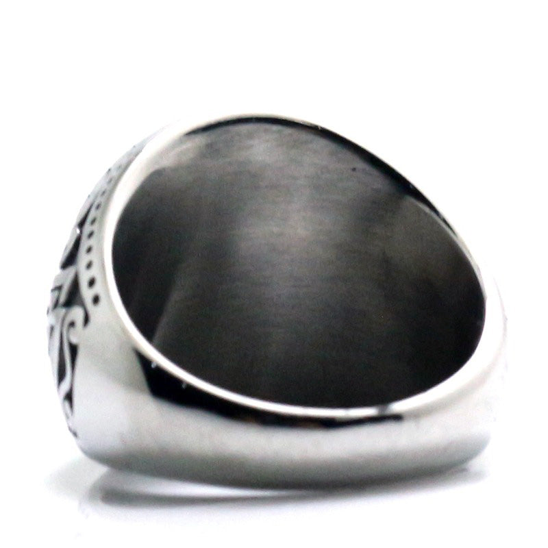 Viking stainless steel ring featuring Norse style runes, perfect for heavy metal fashion lovers.