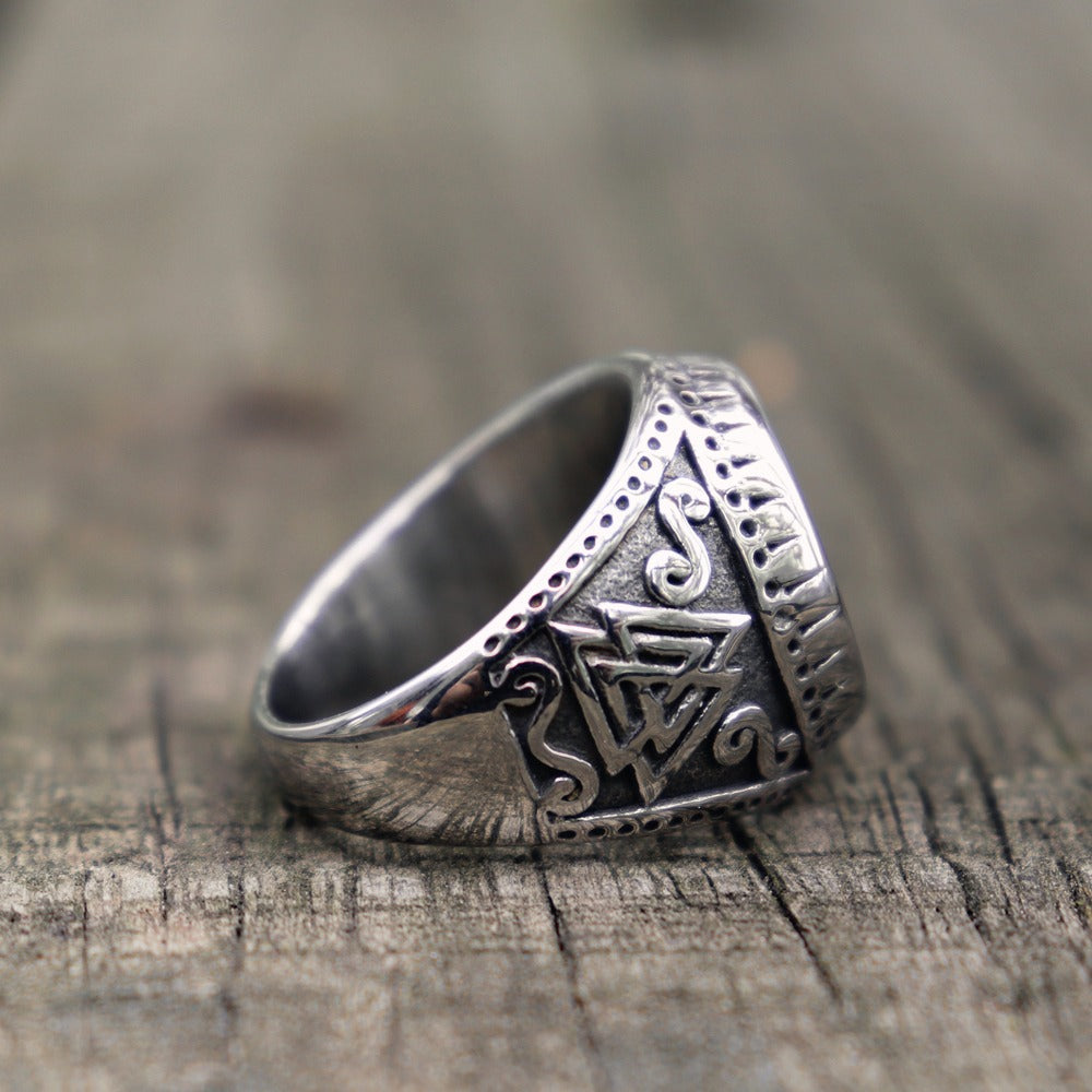 Viking stainless steel ring with Norse style runes, perfect for adding a unique touch to your jewelry collection.