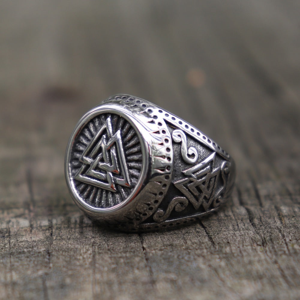 Viking stainless steel ring featuring Valknut design and Norse runes, perfect for men and women seeking cool jewelry.