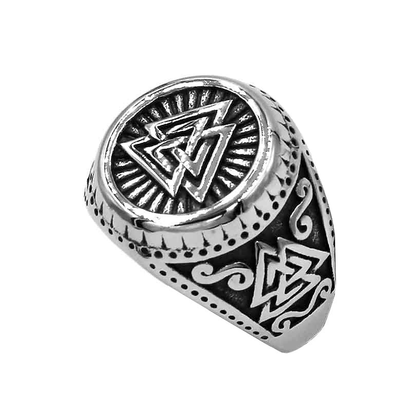 Viking stainless steel ring with Valknut design, featuring Norse runes and ornate detailing for bold fashion.