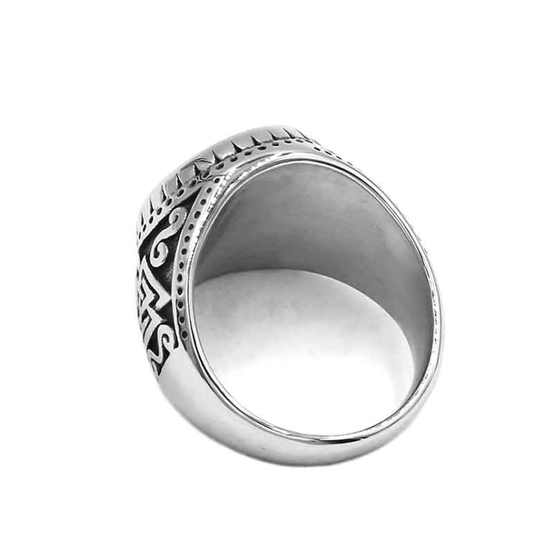 Viking stainless steel ring featuring Valknut Norse style design and intricate rune details.