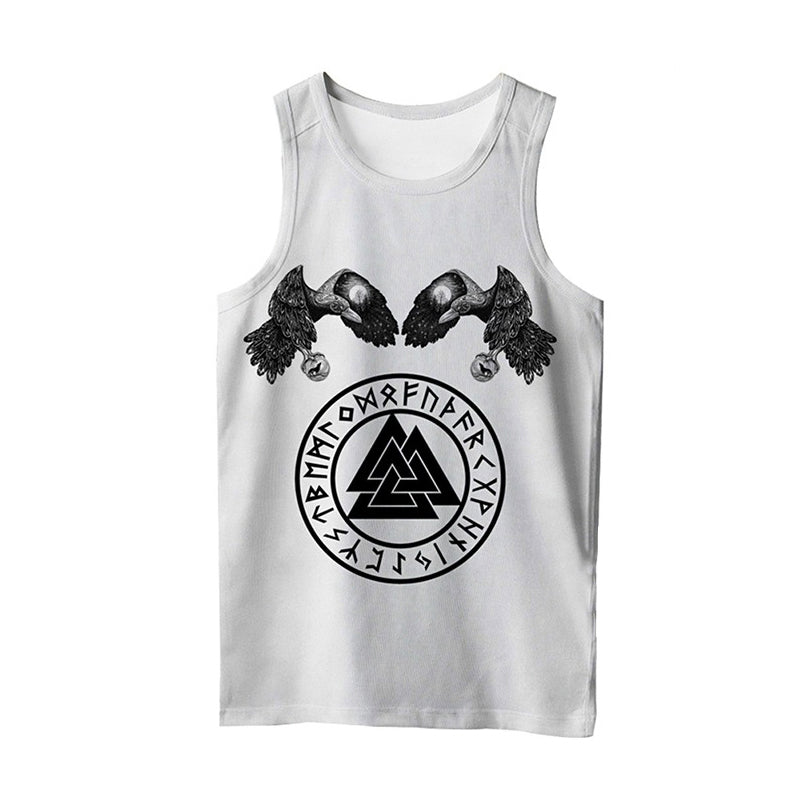 Viking style sleeveless T-shirt featuring 3D print, unique design with ravens, and Nordic symbols for summer fashion.