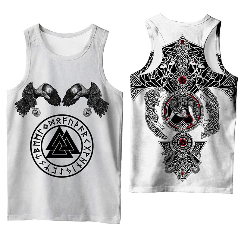 Viking style sleeveless T-shirt featuring 3D printed designs of ravens and Nordic symbols, perfect summer streetwear.