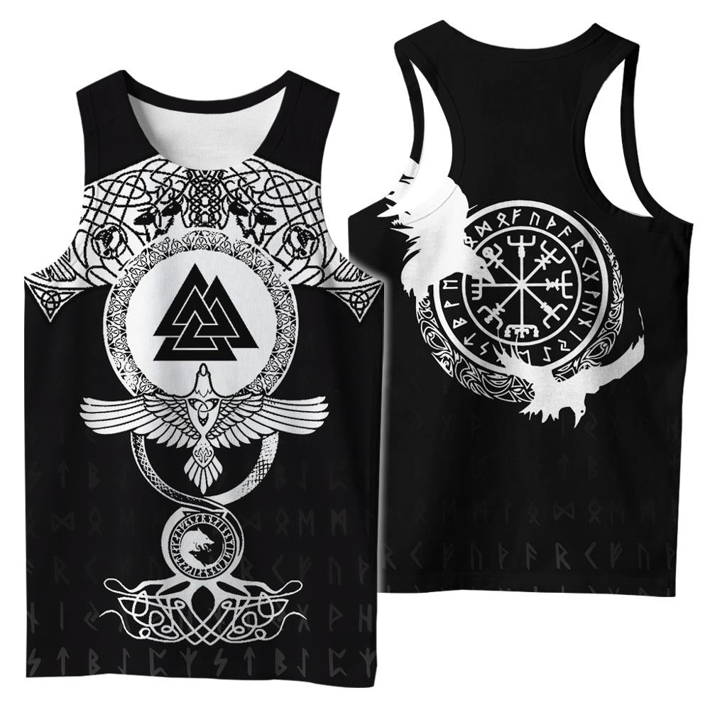 Viking style sleeveless men's t-shirt featuring intricate 3D prints and Norse designs in black.