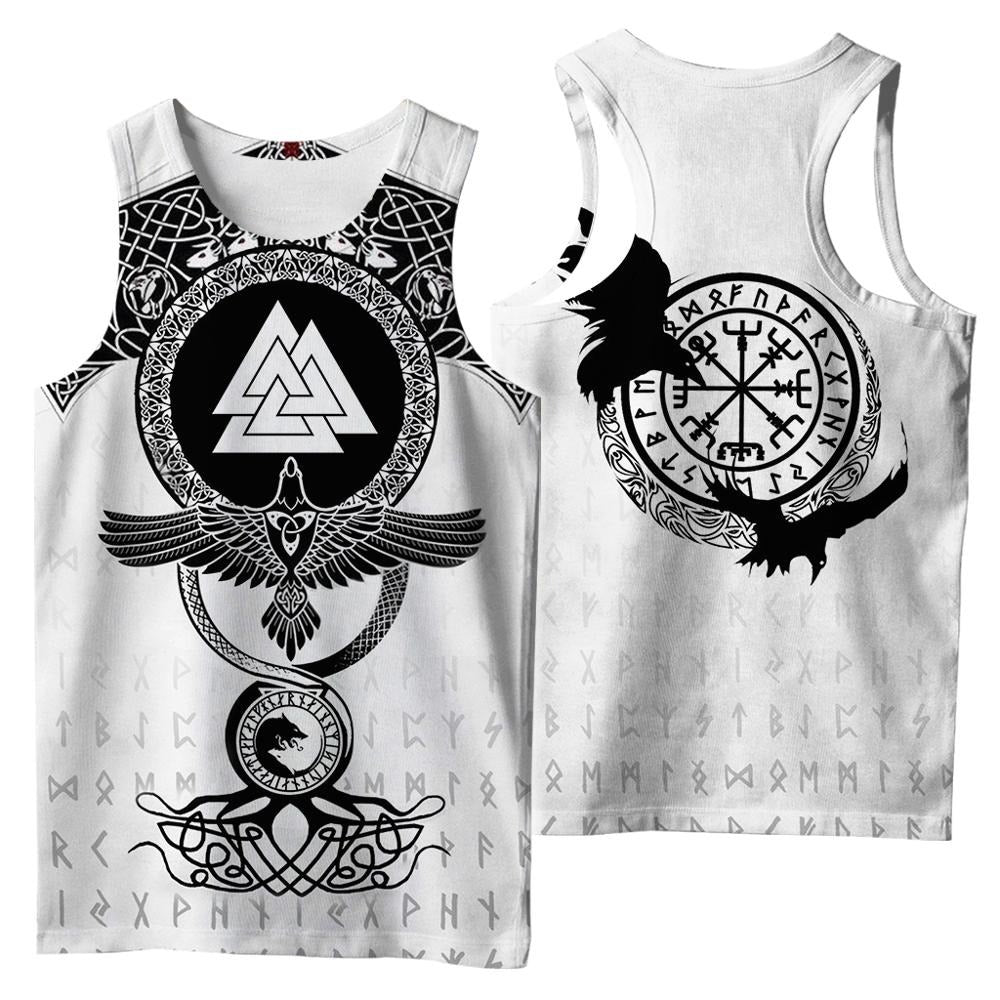 Viking style sleeveless T-shirt featuring 3D prints and Norse symbols for summer streetwear.