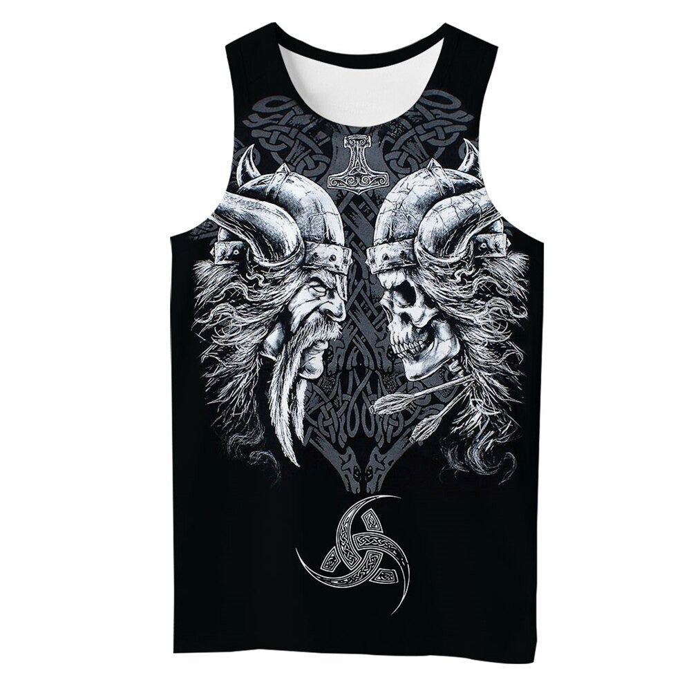 Viking style sleeveless T-shirt featuring a bold 3D print of warriors and skulls on a black background.