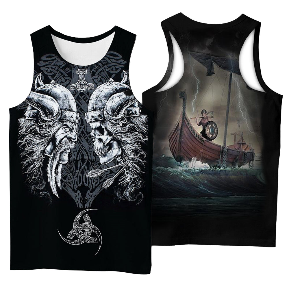 Viking style sleeveless T-shirt with 3D print of warriors and ship, trendy Nordic streetwear for men.