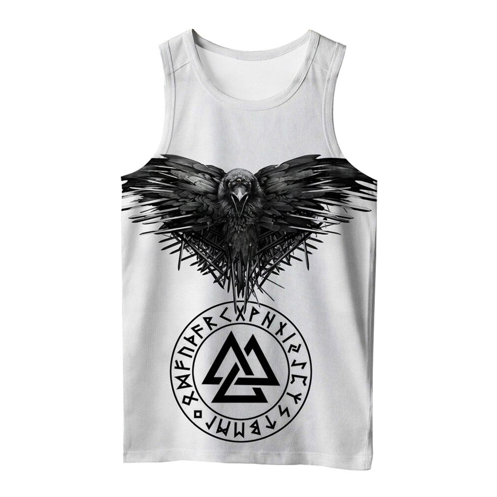 White sleeveless t-shirt featuring a 3D printed Viking crow design with runes and Valknut pattern.