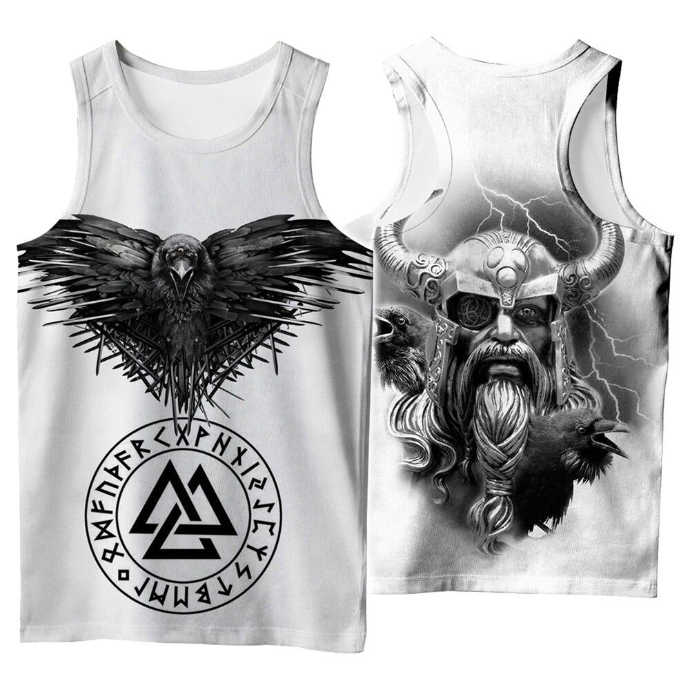 White Viking sleeveless t-shirt featuring a crow and Odin 3D print, perfect for Nordic summer streetwear.