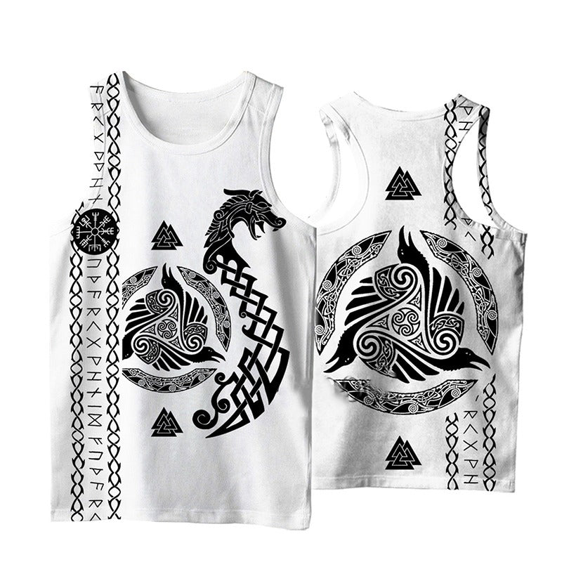 Viking style white sleeveless T-shirt featuring intricate dragon and rune designs perfect for summer streetwear.
