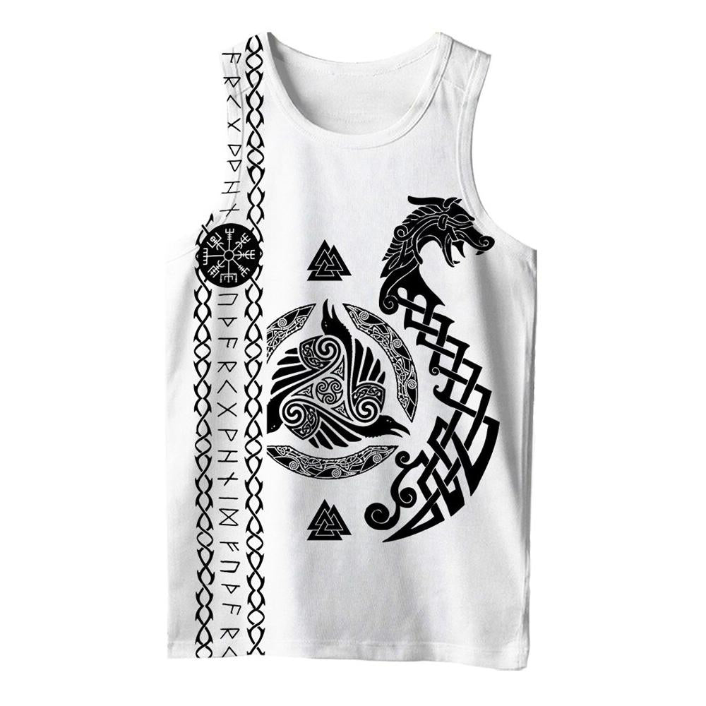 Viking style 3D printed white sleeveless T-shirt featuring Celtic runes and a dragon design.
