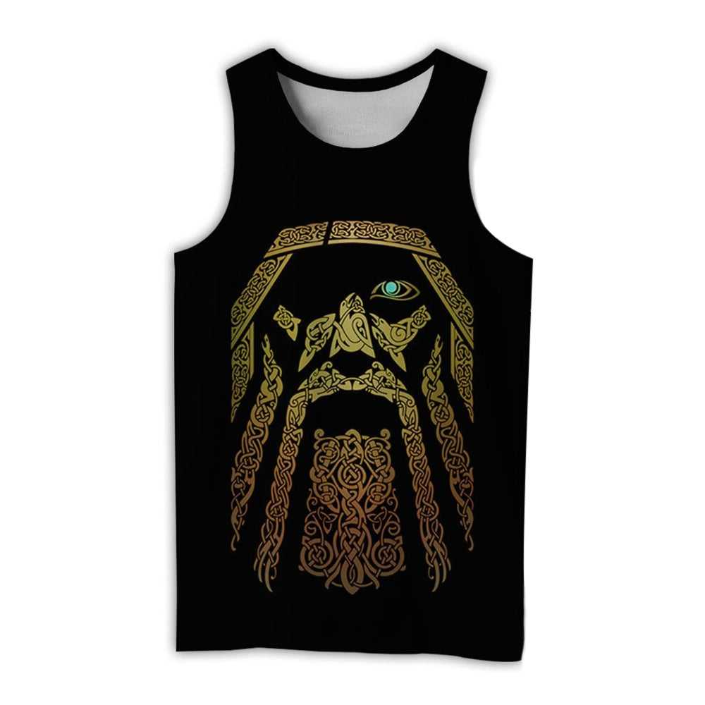 Black sleeveless t-shirt featuring Viking warrior design with intricate Nordic patterns and symbols.