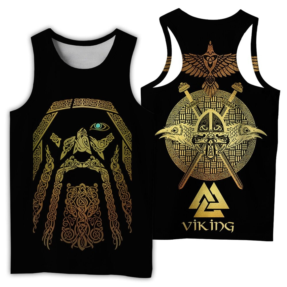 Black Viking sleeveless T-shirt featuring golden Norse symbols and intricate designs for summer streetwear.
