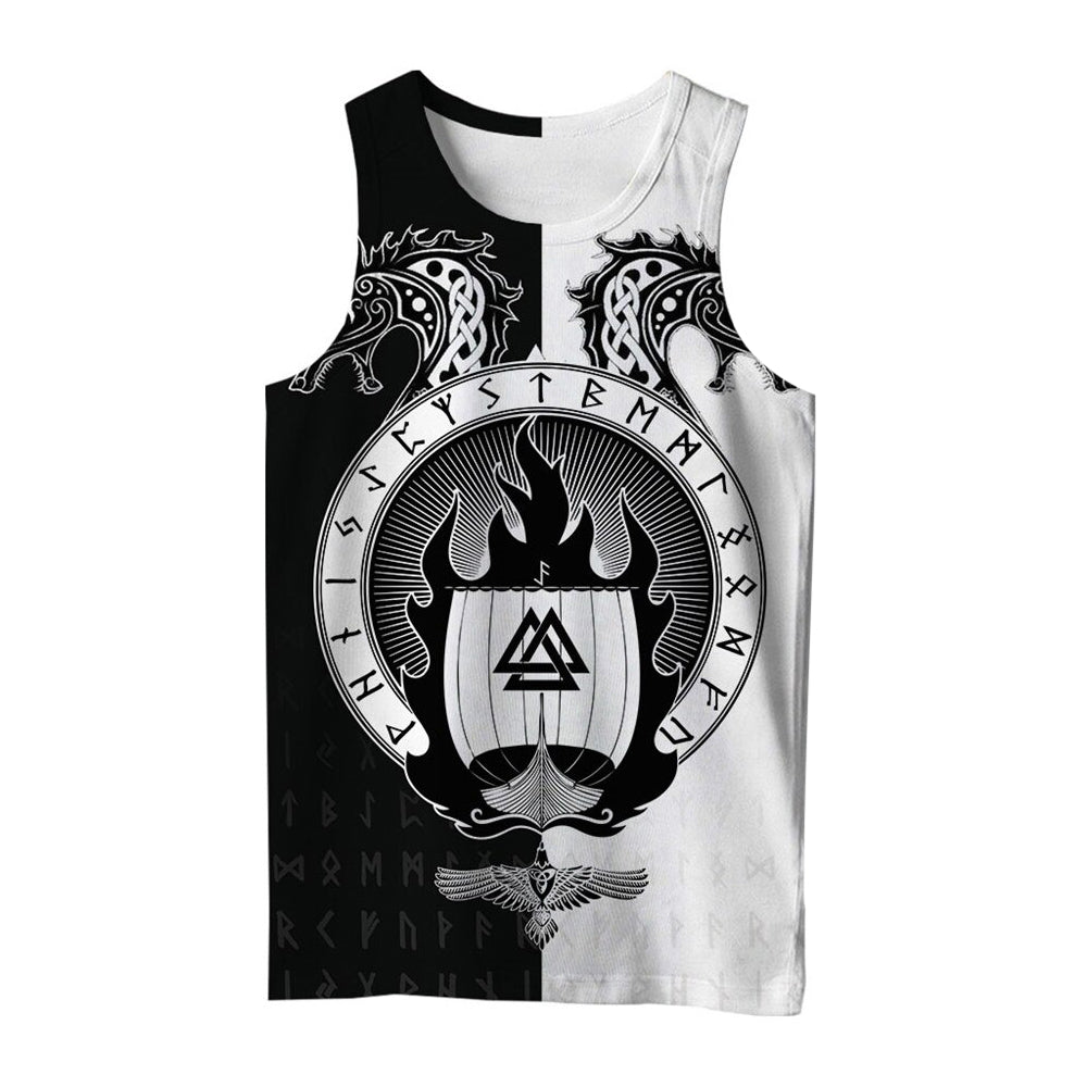 Viking style sleeveless T-shirt featuring dragons, Valknut symbol, and Celtic rune circle in black and white design.