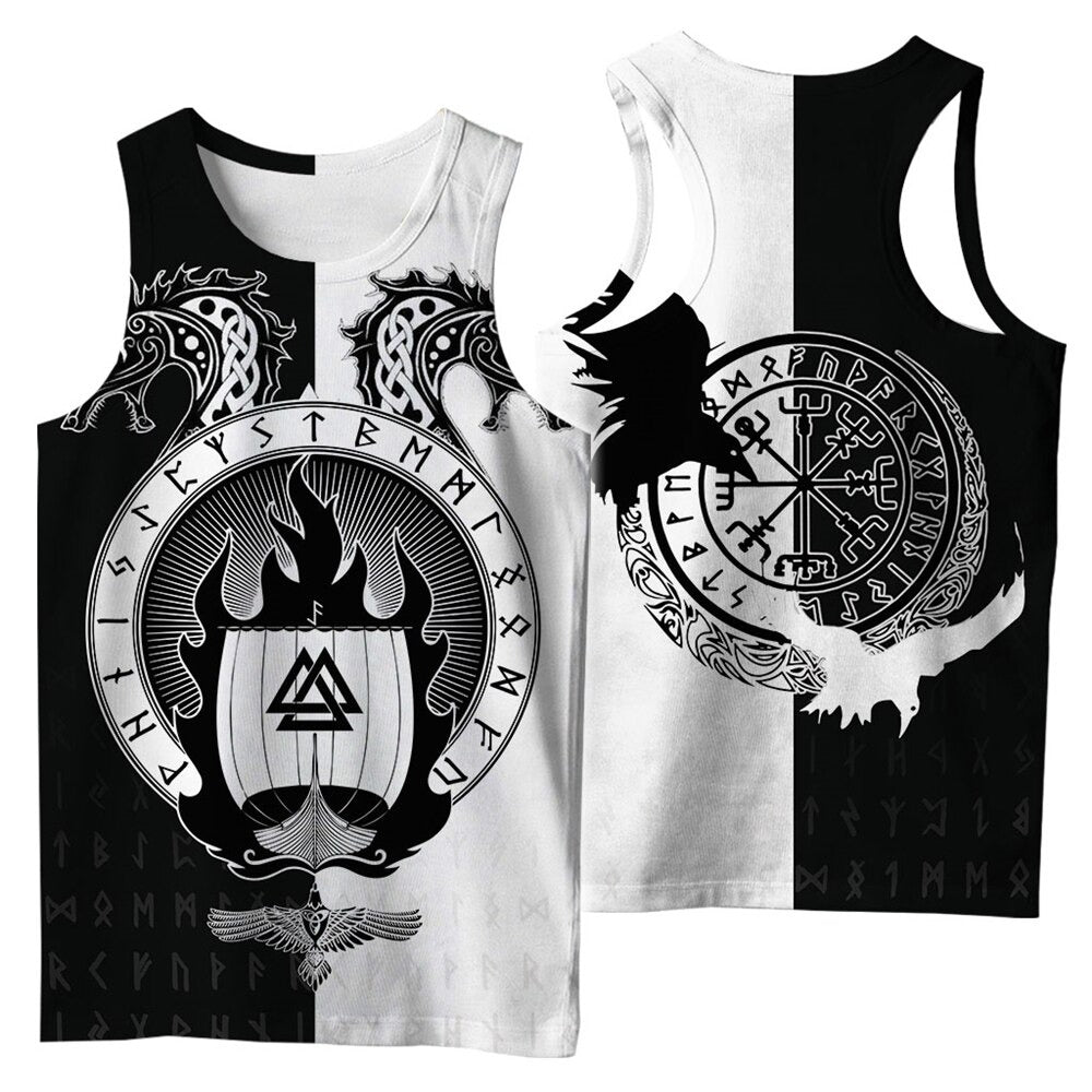 Viking style sleeveless t-shirt featuring dragon graphics, Celtic runes, and a bold black and white design.