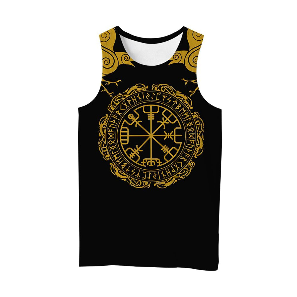 Viking style sleeveless shirt featuring intricate 3D print design and Norse symbols, perfect for summer streetwear.
