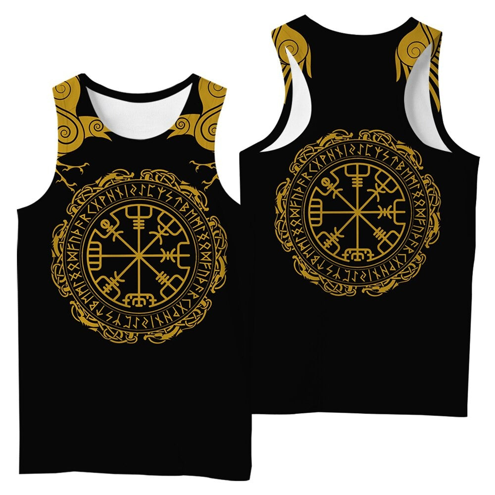 Viking style sleeveless t-shirt featuring intricate 3D print design in gold and black, perfect for summer streetwear.