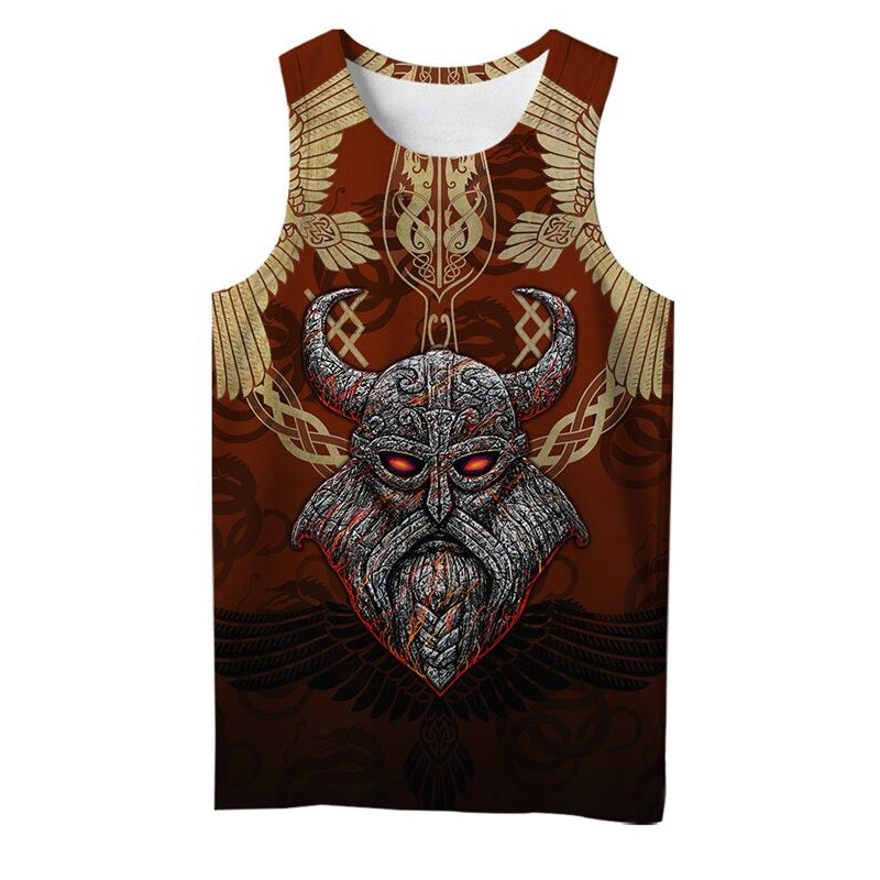 Viking style 3D printed sleeveless t-shirt featuring a menacing horned design and intricate patterns.